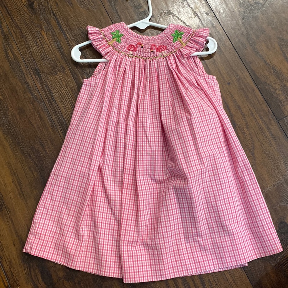 Pink flamingo smocked dress, silly goose brand 12 mo